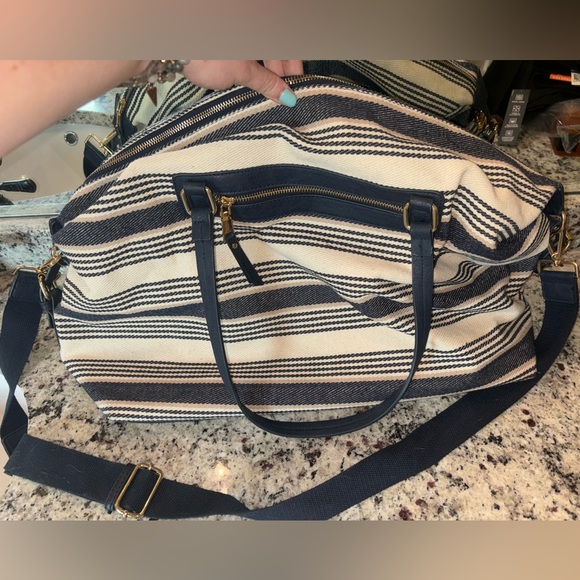 Blue/tan striped duffle bag with long strap - Picture 2 of 3